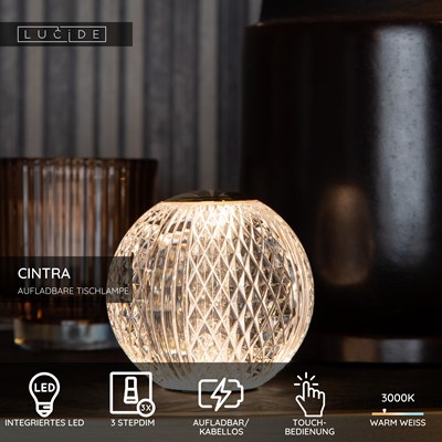 Lucide CINTRA - wiederaufladbare Tischlampe - Akku/Batterie - Ø 11 cm - LED 3 StepDim - 1x2W 3000K - Transparent